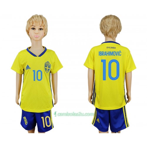 Camisolas de Futebol Suécia Zlatan Ibrahimovic 10 Criança Equipamento Principal Copa do Mundo 2018 Manga Curta