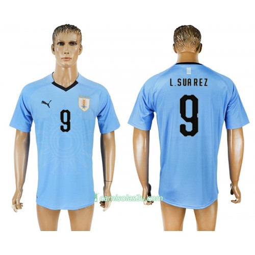 Camisolas de Futebol Uruguai Luis Suarez 9 Equipamento Principal Copa do Mundo 2018 Manga Curta