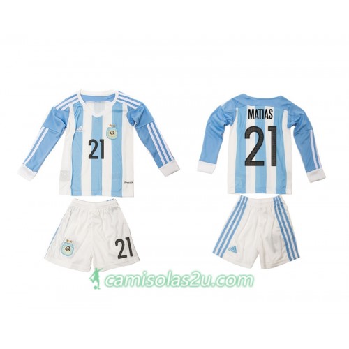 Camisolas de Futebol Argentina Matias 21 Criança Equipamento Principal 2016 Manga Comprida Camisolas de Futebol Argentina Matias 21 Criança Equipamento Principal 2016 Manga Comprida
