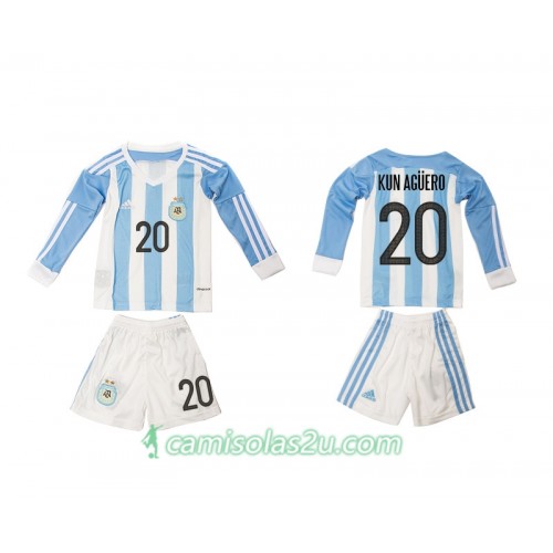 Camisolas de Futebol Argentina Kun Aguero 20 Criança Equipamento Principal 2016 Manga Comprida Camisolas de Futebol Argentina Kun Aguero 20 Criança Equipamento Principal 2016 Manga Comprida