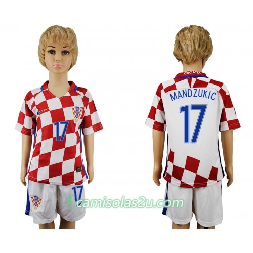 Camisolas de Futebol Croácia Mandzukic 17 Criança Equipamento Principal 2016 Manga Curta Camisolas de Futebol Croácia Mandzukic 17 Criança Equipamento Principal 2016 Manga Curta
