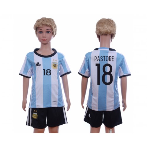 Camisolas de Futebol Argentina Pastore 18 Criança Equipamento Principal 2016 Manga Curta Camisolas de Futebol Argentina Pastore 18 Criança Equipamento Principal 2016 Manga Curta
