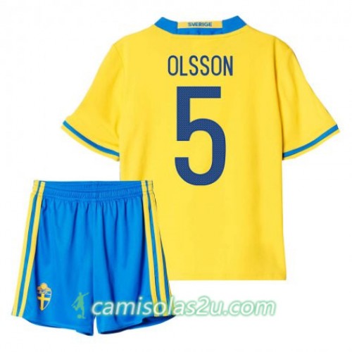 Camisolas de Futebol Suécia Olsson 5 Criança Equipamento Principal 2016 Manga Curta Camisolas de Futebol Suécia Olsson 5 Criança Equipamento Principal 2016 Manga Curta