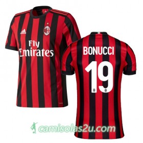 Camisolas de Futebol AC Milan BONUCCI Equipamento Principal 2017/18 Manga Curta