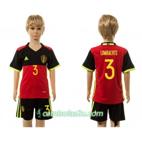Camisolas de Futebol Bélgica Lombaerts 3 Criança Equipamento Principal 2016 Manga Curta
