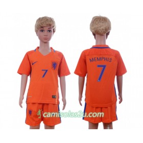 Camisolas de Futebol Holanda Memphis Depay 7 Criança Equipamento Principal 2016 Manga Curta