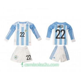 Camisolas de Futebol Argentina Lavezzi 22 Criança Equipamento Principal 2016 Manga Comprida