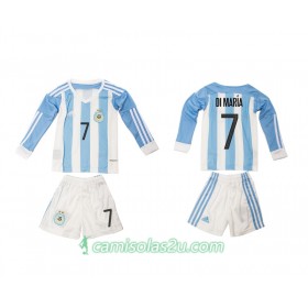 Camisolas de Futebol Argentina Angel Di Maria 7 Criança Equipamento Principal 2016 Manga Comprida
