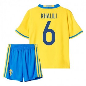 Camisolas de Futebol Suécia Khalili 6 Criança Equipamento Principal 2016 Manga Curta