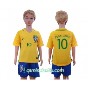 Camisolas de Futebol Brasil Ronaldinho 10 Criança Equipamento Principal 2016 Manga Curta