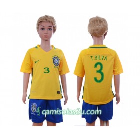 Camisolas de Futebol Brasil T.Silva 3 Criança Equipamento Principal 2016 Manga Curta
