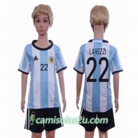 Camisolas de Futebol Argentina Lavezzi 22 Criança Equipamento Principal 2016 Manga Curta