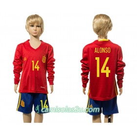 Camisolas de Futebol Espanha Alonso 14 Criança Equipamento Principal 2016 Manga Comprida