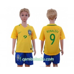 Camisolas de Futebol Brasil Ronaldo 9 Criança Equipamento Principal 2016 Manga Curta