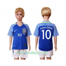 Camisolas de Futebol Brasil Ronaldinho 10 Criança Equipamento Alternativa 2016 Manga Curta