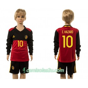 Camisolas de Futebol Bélgica Hazard 10 Criança Equipamento Principal 2016 Manga Comprida