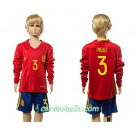 Camisolas de Futebol Espanha Pique 3 Criança Equipamento Principal 2016 Manga Comprida
