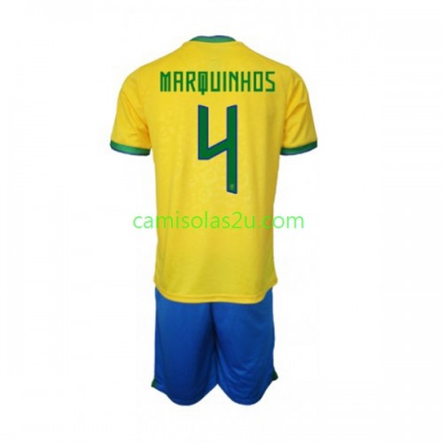 Camisolas de futebol Brasil Marquinhos 4 Criança Equipamento Principal  World Cup 2022 Manga Curta